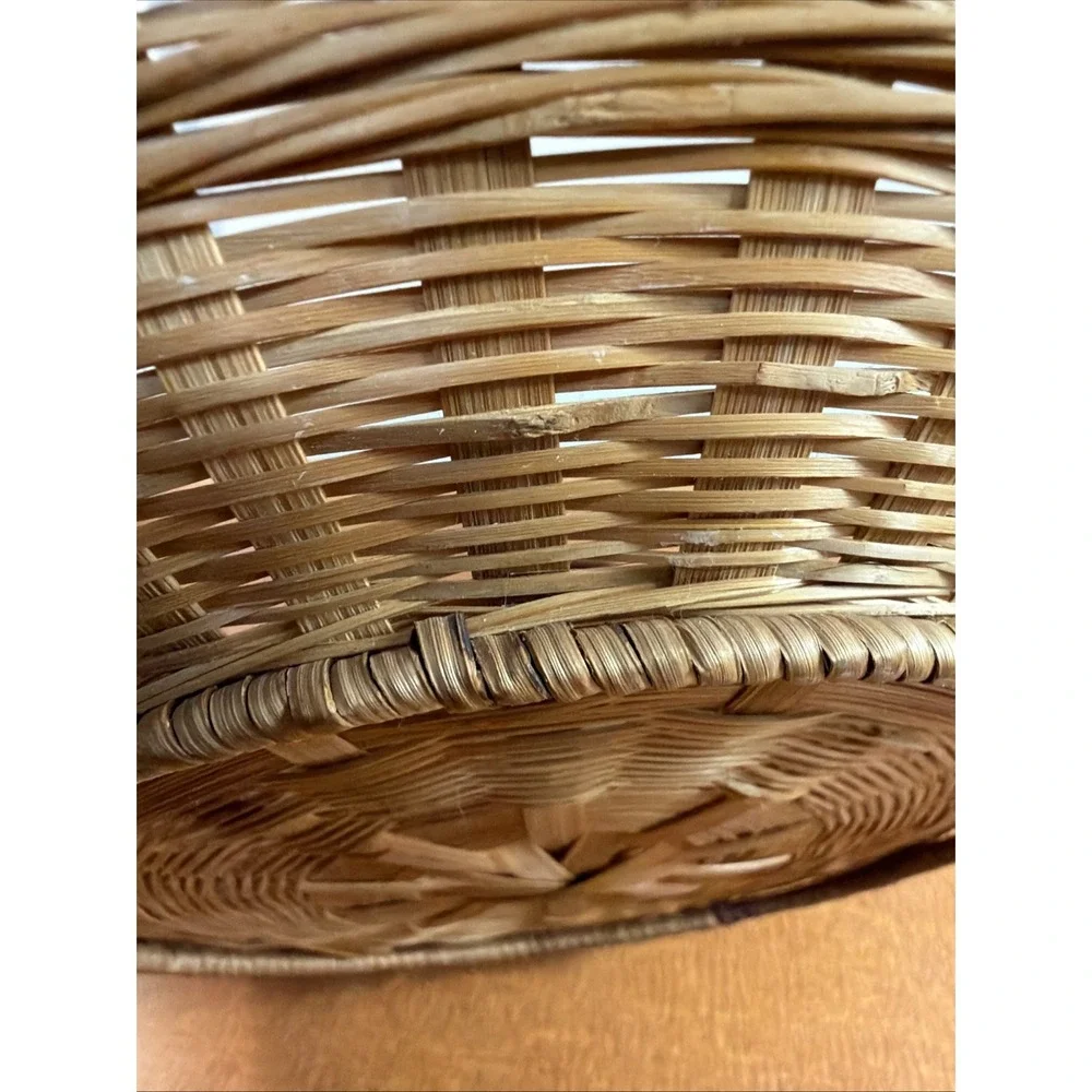 Vintage Round Natural Brown Wood Woven Wicker 2 Handles Basket 12